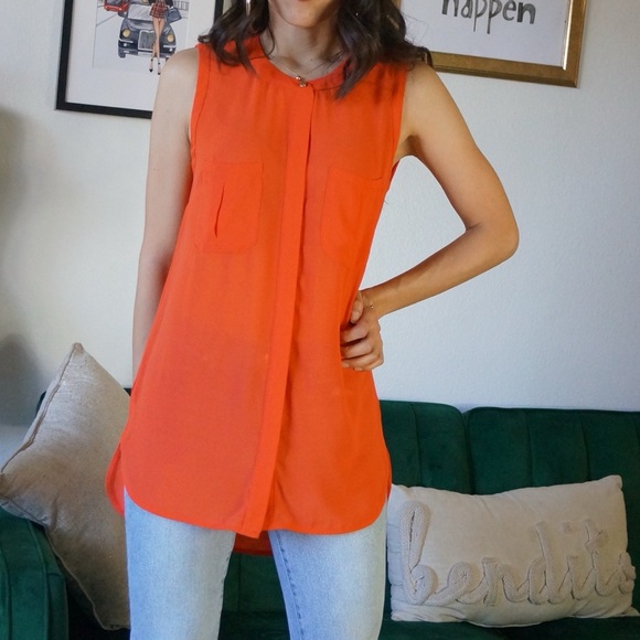 Orange Button Down Tunic Sleeveless Slightly Sheer Top Size S/M - Picture 4 of 8